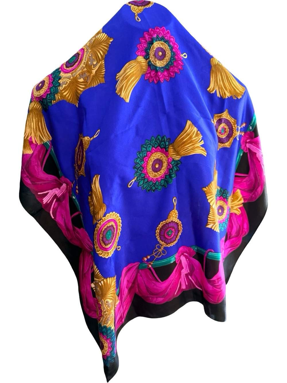 Vintage Liz Claiborne Silk Scarf Royal Blue Magenta Gold Tassel Medallion 30x30